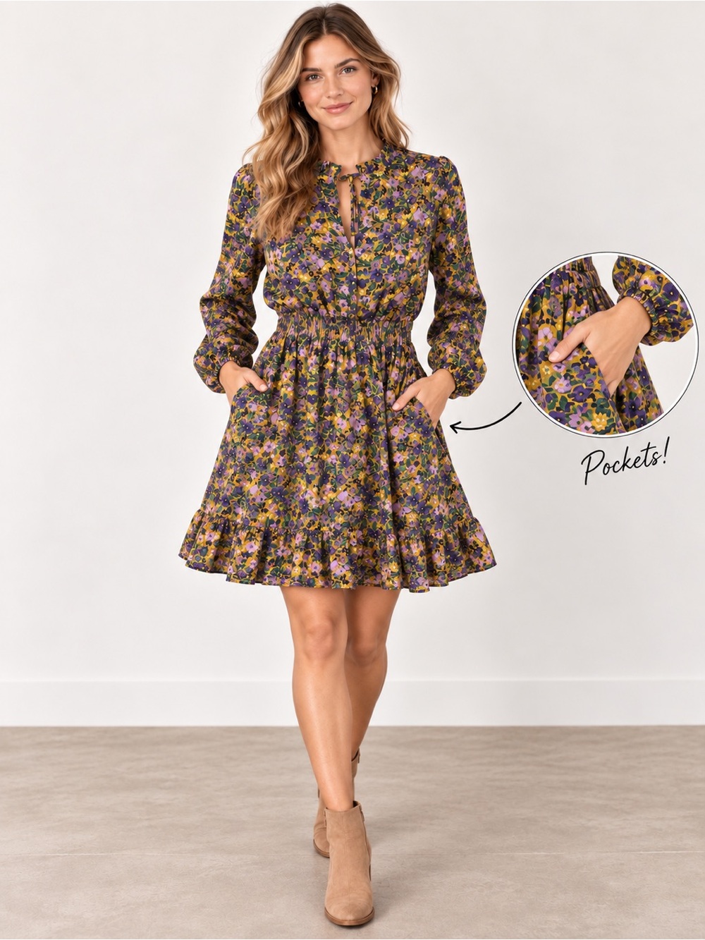 Lost + Wander Floral Long Sleeve Smocked Waist Mini Dress with Pockets – Small